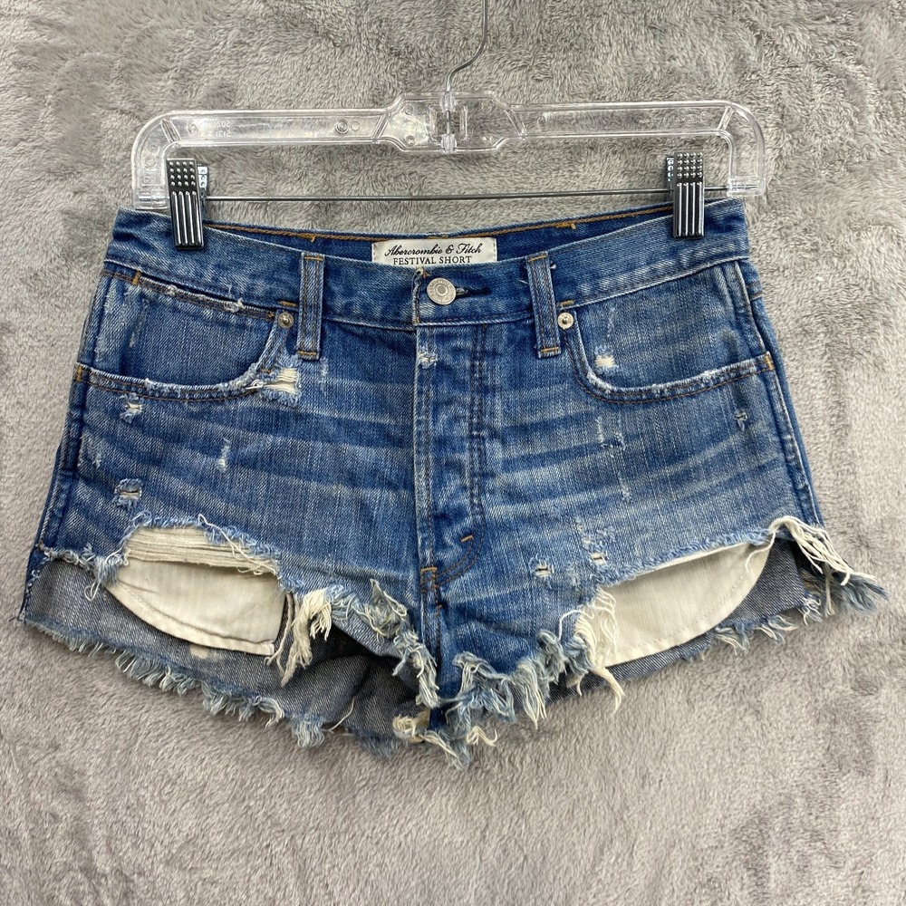 Abercrombie Fitch Festival Short High Rise Denim Distressed Frayed Size 0 W25